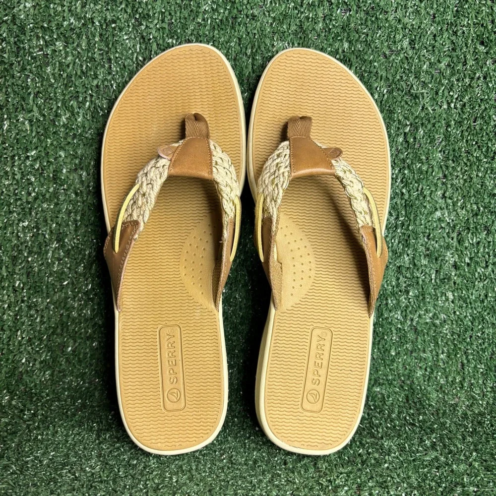 NEW Sperry‎ Parrotfish Braided Thong Leather Beach Flip Flop Tan Gold Womens 9 M